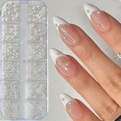 TEMU 12pcs White Bead Charms For Nail Art - Half Round Bead Charms For Nail Decor, Crafting Beads For Nail Design, Nail Art Supplies | Decorative Nail Charms | Durable Nail Charms, Nail Art Supplies