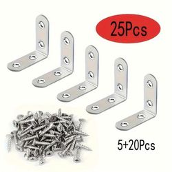 TEMU 25/50pcs L Bracket Stainless Steel Angle Bracket Set, Including 20 Screws, Suitable For Wooden Shelves, Chairs, Furniture