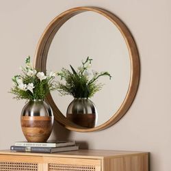 Tazara Japandi Natural Round Accent Wall Mirror by Wholesale Interiors INC in Natural Brown (Size ONE SIZE)