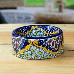 'Spring-Themed Blue and Yellow Ceramic Pet Bowl from Mexico'