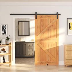 TEMU Yaheetech 200cm Barn Door Sliding Door Track Hardware Closet Track Kit Steel With J- Shape Hanger For Single Wooden Door Interior Doors W/up To 101cm Width & 35-45mm Thickness Weight Limit 100kg