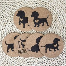 "TEMU 6pcs Handcrafted Cork Coasters With Dachshund & Heart Designs - "i Dachshund" Engraved, Rustic Style Drink Mats For Mugs, Glasses, Coffee Cups - Ideal Gift For Dog Lovers, Fits Holidays"