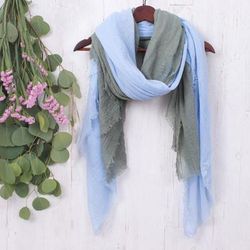 Sky Glam,'Pair of Handwoven Lightweight Blue and Grey Scarves'