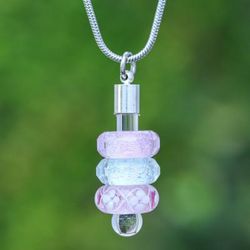 Dulcet Amulets,'Pink and Blue Handblown Glass Beaded Floral Pendant Necklace'