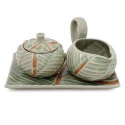 'Banana Leaf' (4 pieces) - Celadon Ceramic Sugar Bowl and Cr
