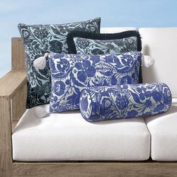 Georgina Floral Indoor/Outdoor Pillow - Cobalt, 20" x 7" Bolster Cobalt, 20" x 7" Bolster in Cobalt with Cobalt Piping - Frontgate