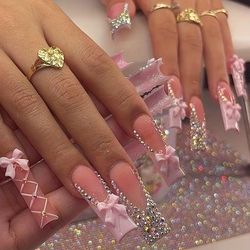 TEMU 24pcs Pink French Long Square Fake Nails With 3d Rhinestones & Bows - Super Long Glossy Press-on Nails For Women & S, & Special Occasion Nail Art, Festive Manicure, Detailed Embellishments,