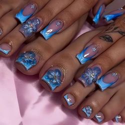 TEMU Luxury 48pcs Press-on Nail & Toenail Set With 3d Floral Rhinestones - False Nails For Women, Includes Jelly Adhesive & Nail File
