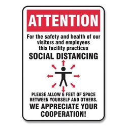 Accuform® MGNG902VPESP Social Distance Signs, Wall, 10 x 7, Visitors and Employees Distancing, Humans/Arrows, Red/White, 10/Pack - Pack of 10