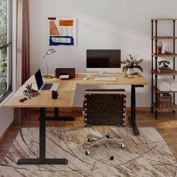 Flexispot E7L 76"w L-Shaped Electric -Adjustable Standing Desk, Bamboo/black