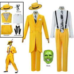 The Movie The Mask Cosplay Costume, Jim Carry, uniforme jaune, carnaval, fête, chapeau trempé, masque vert, vêtements d'Halloween