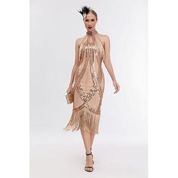 Anni Ruggenti Anni 1920 Midi Vestito Abito Flapper Abito per Festa di Natale Senza maniche Il grande Gatsby Paillettes Frangia con nappe Cuore All'americana Costume Per donna Carnevale Mascherata