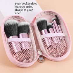 TEMU 10pcs Mini Travel Makeup Brush Set - Fashionable And , With Portable Storage Bag, High-quality Makeup Brush, Suitable For Multi-functional Makeup Applications, Necessity For