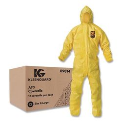 KleenGuard A70 Chemical Spray Protection Coveralls, Elastic Wrists, Ankles, Hood, XL, Yellow, 12/Carton (KCC09814)