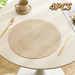 TEMU 2/4/6pcs Linen Placemats Set, Round Woven Table Mats, 100% Linen Heat-resistant Washable Dining Decor, Checkered Pattern For Home & Kitchen Use