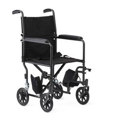 Medline Basic Steel Transport Chair with Permanent Full-Length Arms and Swing-Away Footrests, 250 lb. Capacity, 17" Wide, Black, 1 EA (MDS808200BN)