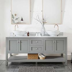 Randolph Morris Atwell 72 Inch Birch & Oak Solid Wood Modern Double Sink Console Vanity with Vessel Sinks and White Carrera Marble Countertop - Gray RM18-728GY-VWH