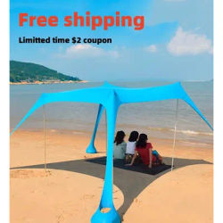 Windproof Beach Awning Outdoor Beach Tent 4 Poles Large Sun Shelter Camping Shades Tent Windproof Folding Beach Folding Umbrella