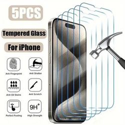 TEMU 5ps Tempered Glass Screen Protector For Iphone 16, 15, 14, 13, 12, 11 Pro Max, 7 & 8 Plus - No Bubbles, Long-lasting Drop Protection