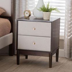 Nikolai Mid-Century Beige Fabric and Wenge Brown Wood 2-Drawer Nightstand by Wholesale Interiors INC in Beige/weng (Size ONE SIZE)