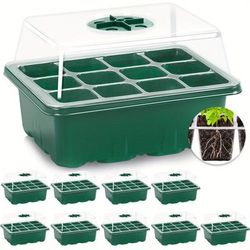 TEMU 10pcs Jorking Seed Starter Trays With Elevated Lids, 120-cell Thickened Green Plastic, Adjustable Humidity Vents, Clear Viewing Panels - Ideal For Greenhouses & Gardens, Seedling Starter Trays