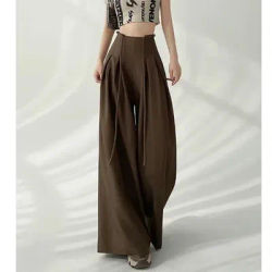 Pantalon à jambes larges pour femmes, streetwear, coréen, noir, taille haute, imbibé, mode d'été, élégant, à lacets, droit, fjNew