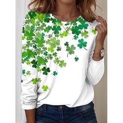 Maglietta Donna Fortunata per il Giorno di San Patrizio Girocollo Manica Lunga Tunica Shamrock Piante Stile Casual Top Regolari Stampa Giornaliera Verde Primavera Autunno
