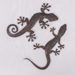 Sylvan Geckos,'Set of Two Gecko-Shaped Brown Iron Wall Art Pieces'