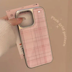 Sweet Pink Grid Pattern Drop Glue Cover Case for iPhone 16 15 14 13 12 11 Pro Max Plus Shockproof