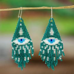 Teal Turkish Eye,'Protection Turkish Eye Teal Glass Beaded Waterfall Earrings'