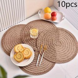 TEMU 10pcs Bohemian Style Jute Placemats, 15-inch Round Woven Table Mats, Hand Washable Solid Color, Decorative Dining Table Accessories, Coffee Cup Coasters For Spring/summer Home Decor