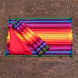Palopo Rainbow,'4 Handwoven Striped Cotton Rainbow Placemats with Napkins'
