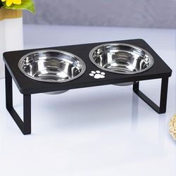 TEMU Elevated Cat Bowls With 15° Tilt - Stainless Steel Raised Feeder Stand For Cats And Small Dogs, Dual Bowls For Food And Water, Black Metal Bracket