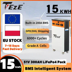 EU STOCK TEZE LiFePO4 15KWH 48V 280Ah PowerWall 51.2V 300AH Battery Pack 100-200A BMS Home Energy Storage Rechargeable Cell