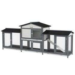 TEMU Large Rabbit Hutch Outdoor, 2-tier Guinea Pig Hutch, Wooden Bunny Run, Small With Double Side Run Boxes, Plastic Tray, Ramp, 230 X 53 X 93.5cm, Light Grey