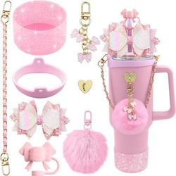 TEMU 8pcs Bling Silicone Accessories For 30oz 40oz Tumbler Cup, Including Silicone Bow Straw Topper Cover, Protective Silicone Boot, Leather Water Bottles Handle Strap