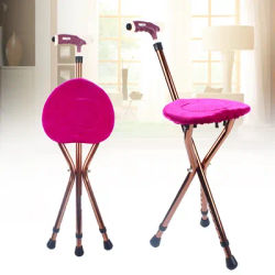 Folding Walking Cane Chair Aluminum Walking Stick W/ Led Light Cane Stool Seat Non-slip Cane Senior Load 100KG Height 28-31IN