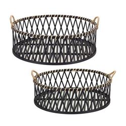 Round Tray (Set of 2) 17.5"D x 5.5"H, 19.5"D x 6.5"H Bamboo/Rattan by Melrose in Black/brown