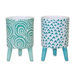 Blue Patterned Pot with Legs (Set of 2) by Melrose in Blue/white/blue