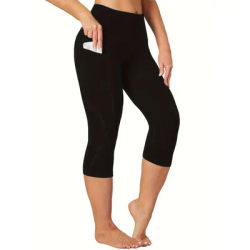 Women's Plus Size Capri Leggings With Pockets - Stretchy High Waisted Tummy Control Gym Black Color Plain Yoga Pants