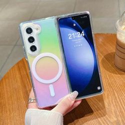 TEMU Gradient Rainbow Laser Magnetic Case For Z 3 4 5 6 Wireless Charging Hard Cover