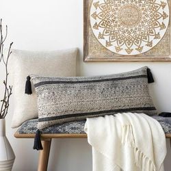 Payuhan 14"L x 32"W Pillow Moroccan Plush Cotton Black/Light Beige/Peach Lumbar Pillow - Boutique Rugs