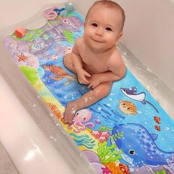 TEMU Bathtub Mat Non Slip Cartoon Bath Mat With Suction Cup And Drain Hole, Extra-long 40 X 16 Inch Bath Tub And Shower Mat, Machine Washable, Blue