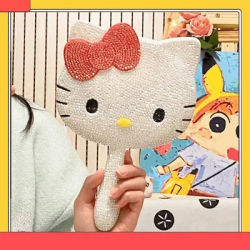 Sanrio Cute Hello Kitty Mirror Tiotik Internet Celebrity Popular DIY Diamond Handle Mirror Girls Handheld Cosmetic Mirror Gift