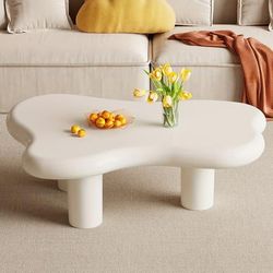 TEMU 39.37 Inch Irregular Coffee Table, Modern Living Room Coffee Table, Milky White , Cartoon Indoor Coffee Table For Living Room And Office, Easy To Assemble