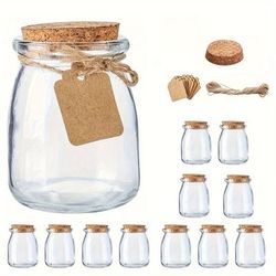 TEMU 12-pack Mini Glass Jars With Cork Lids - 200ml Bpa-free Reusable Mason Canning Jars For Wedding Favors, Honey, Candy, Yogurt - Includes Tags And Twine, Freezer Safe, Oval-shaped, Machine Washable