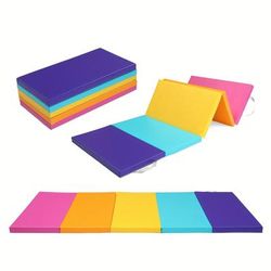 "TEMU 1-pack 5-fold Gym Mat 2" Thick &, Portable Foldable Exercise Mat With Carry Handles, Non-slip Easy Clean For Yoga Stretching Cheerleading Martial Arts, Vibrant Mixed Colors, Gym Accessories"
