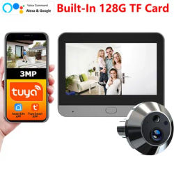 Alexa Google Tuya Smart Life APP 3MP Wide View Mini Digital Peephole Magic Eye Apartment Door Viewer WiFi PIR Detection Camera