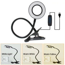 LED Ring Clamp Lamp 3-Level Color Temperature Adjustable USB 360° Rotatable Gooseneck for Nail Reading Desk Eye Protection Light