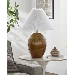 Lechbruck 23"H x 16"W x 16"D Modern Dark Red/White/Metallic Gold/Translucent Table Lamp - Boutique Rugs